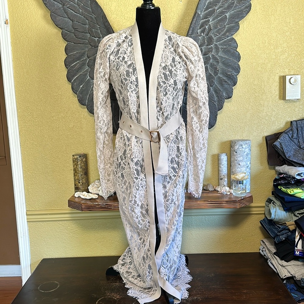 Revamped Gorgeous Long Lace Open Front Cardigan cream tan beife off-white Belt